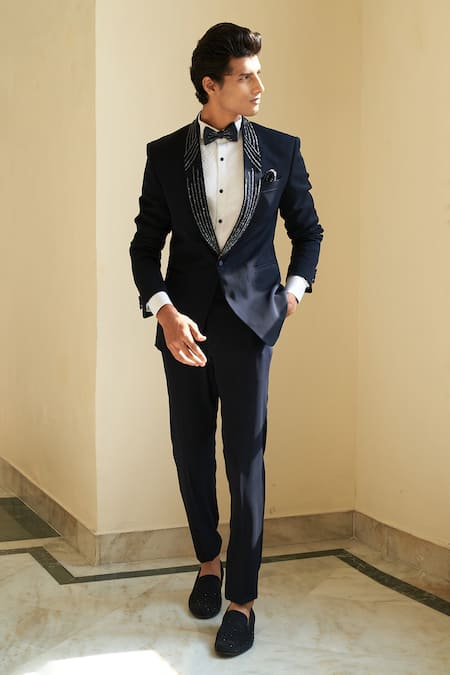 Shop Contrast By Parth Blue Italian Suiting Linear Embroidered Lapel Tuxedo Pant Set at Aza Fashions Shop_Contrast By Parth_Blue Italian Suiting Linear Embroidered Lapel Tuxedo Pant Set _at_Aza_Fashions