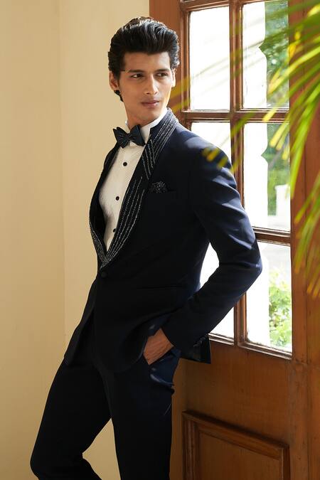 Contrast By Parth Blue Italian Suiting Linear Embroidered Lapel Tuxedo Pant Set Online at Aza Fashions Contrast By Parth_Blue Italian Suiting Linear Embroidered Lapel Tuxedo Pant Set _Online_at_Aza_Fashions