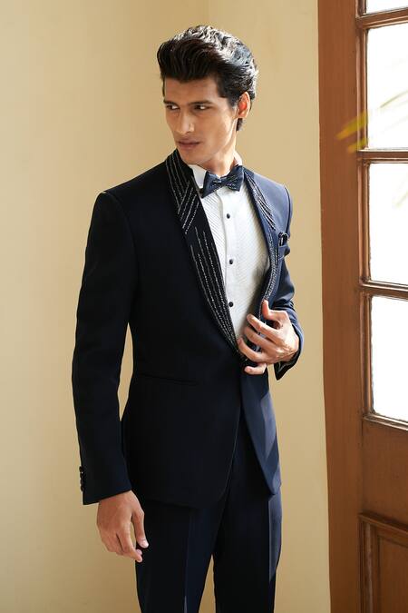 Buy Contrast By Parth Blue Italian Suiting Linear Embroidered Lapel Tuxedo Pant Set Online at Aza Fashions Buy_Contrast By Parth_Blue Italian Suiting Linear Embroidered Lapel Tuxedo Pant Set _Online_at_Aza_Fashions