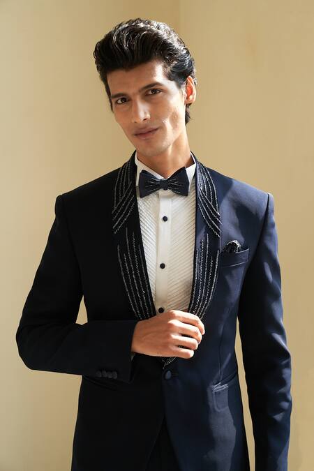 Shop Contrast By Parth Blue Italian Suiting Linear Embroidered Lapel Tuxedo Pant Set Online at Aza Fashions Shop_Contrast By Parth_Blue Italian Suiting Linear Embroidered Lapel Tuxedo Pant Set _Online_at_Aza_Fashions