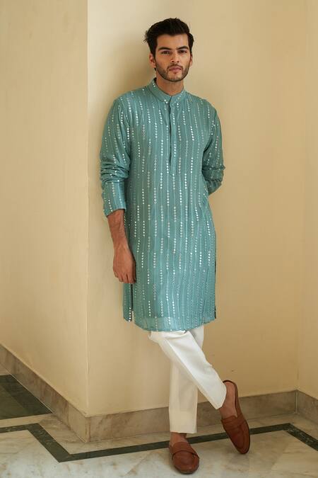 Shop_Contrast By Parth_Blue Chikankari Georgette Striped Embroidered Kurta Set_at_Aza_Fashions