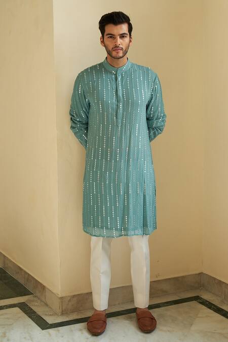 Contrast By Parth_Blue Chikankari Georgette Striped Embroidered Kurta Set_Online_at_Aza_Fashions