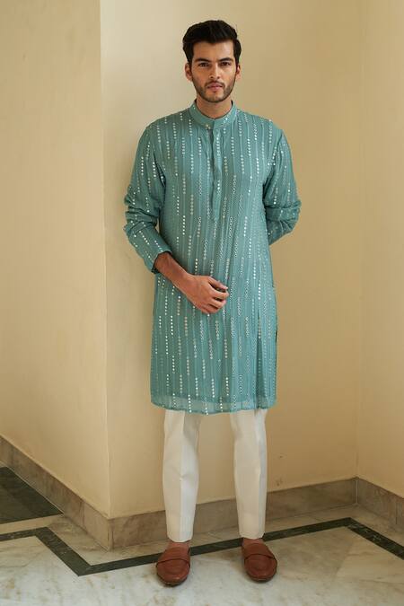 Buy_Contrast By Parth_Blue Chikankari Georgette Striped Embroidered Kurta Set_Online_at_Aza_Fashions