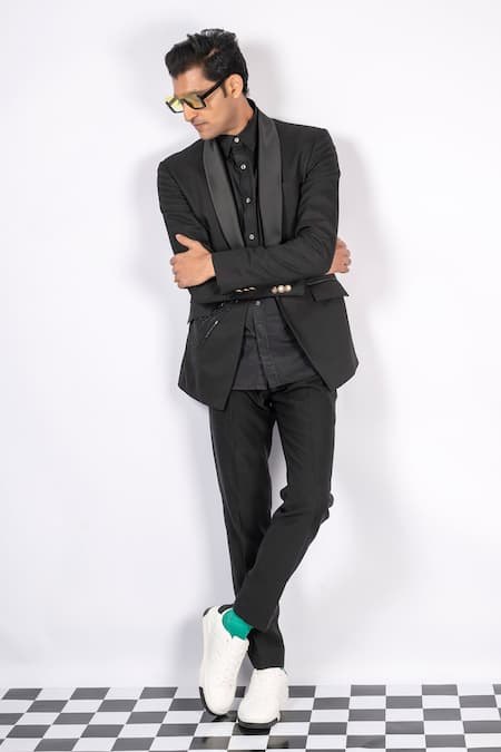 Aashiana_Black Italian Imported Fabric Bead And Cut Dana Work Embroidered Tuxedo & Pant Set _Online_at_Aza_Fashions