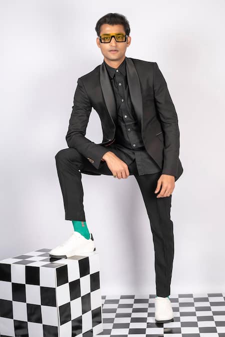 Buy_Aashiana_Black Italian Imported Fabric Bead And Cut Dana Work Embroidered Tuxedo & Pant Set _Online_at_Aza_Fashions