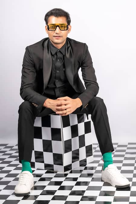 Shop_Aashiana_Black Italian Imported Fabric Bead And Cut Dana Work Embroidered Tuxedo & Pant Set _Online_at_Aza_Fashions