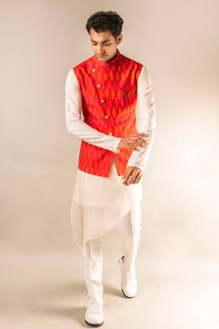 Aashiana_White Satin Organza, Ikat And Cotton Printed Bundi & Kurta Set _Online_at_Aza_Fashions