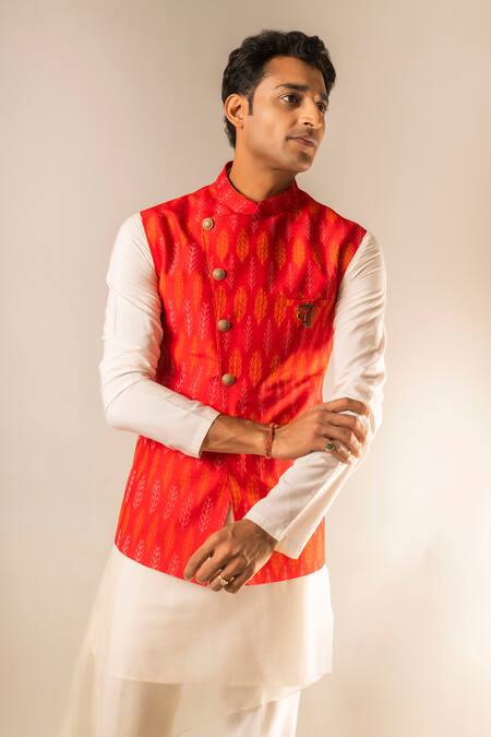 Buy_Aashiana_White Satin Organza, Ikat And Cotton Printed Bundi & Kurta Set _Online_at_Aza_Fashions