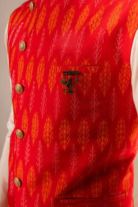 Shop_Aashiana_White Satin Organza, Ikat And Cotton Printed Bundi & Kurta Set _Online_at_Aza_Fashions