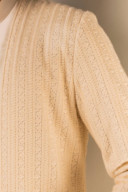 Buy_Aashiana_Off White Cotton Silk Satin Thread Work Layered Jacket Kurta And Pant Set _Online_at_Aza_Fashions