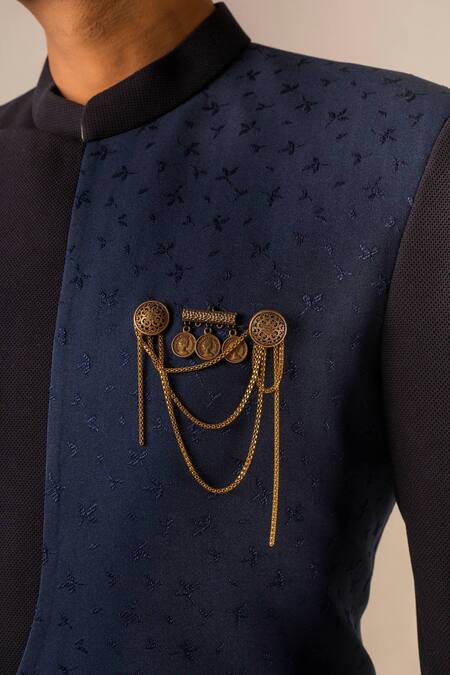 Aashiana_Blue Italian Imported Fabric Metal Chain And Brooch Asymmetric Panel Bandhgala Set _Online_at_Aza_Fashions
