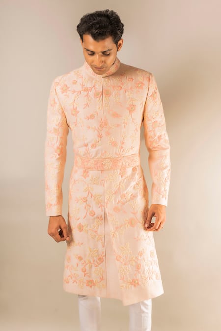 Aashiana_Peach Raw Silk Thread And Bead Work Floral Embroidered Sherwani Set _Online_at_Aza_Fashions