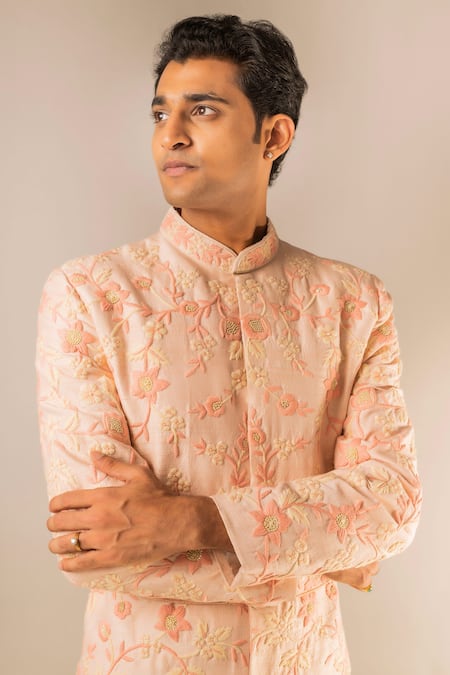 Buy_Aashiana_Peach Raw Silk Thread And Bead Work Floral Embroidered Sherwani Set _Online_at_Aza_Fashions