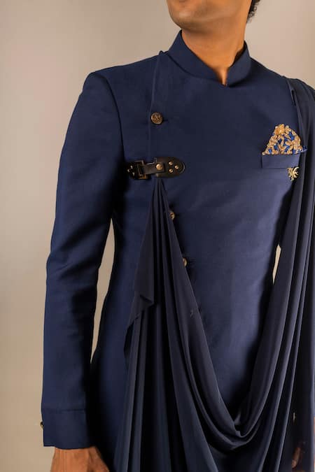 Aashiana_Blue Italian Imported Fabric Leather Buckle And Asymmetric Draped Bandhgala Set _Online_at_Aza_Fashions