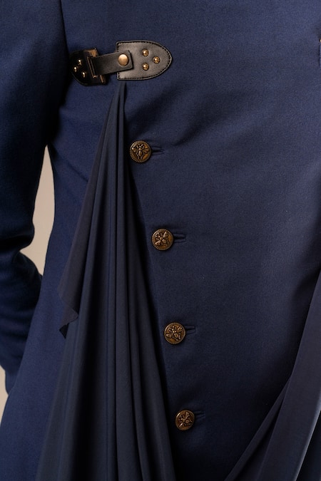 Buy_Aashiana_Blue Italian Imported Fabric Leather Buckle And Asymmetric Draped Bandhgala Set _Online_at_Aza_Fashions