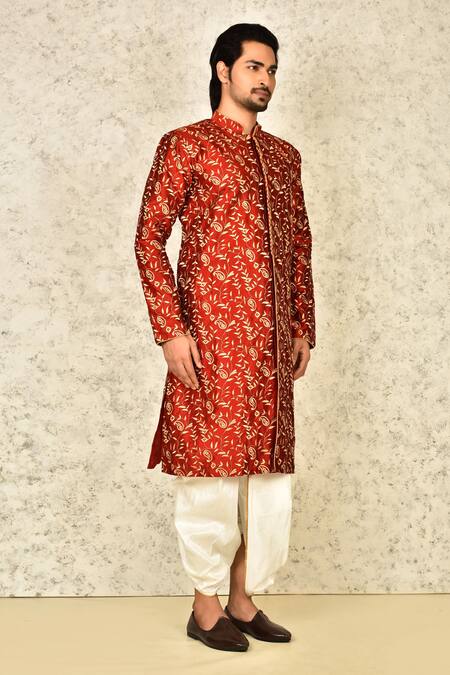 Arihant Rai Sinha Red Silk Embroidery Leaf Sherwani Set Online at Aza Fashions Arihant Rai Sinha_Red Silk Embroidery Leaf Sherwani Set _Online_at_Aza_Fashions