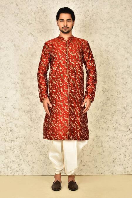 Buy Arihant Rai Sinha Red Silk Embroidery Leaf Sherwani Set Online at Aza Fashions Buy_Arihant Rai Sinha_Red Silk Embroidery Leaf Sherwani Set _Online_at_Aza_Fashions