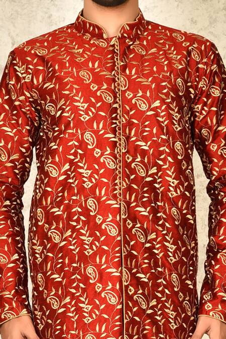 Arihant Rai Sinha Red Silk Embroidery Leaf Sherwani Set at Aza Fashions Arihant Rai Sinha_Red Silk Embroidery Leaf Sherwani Set _at_Aza_Fashions