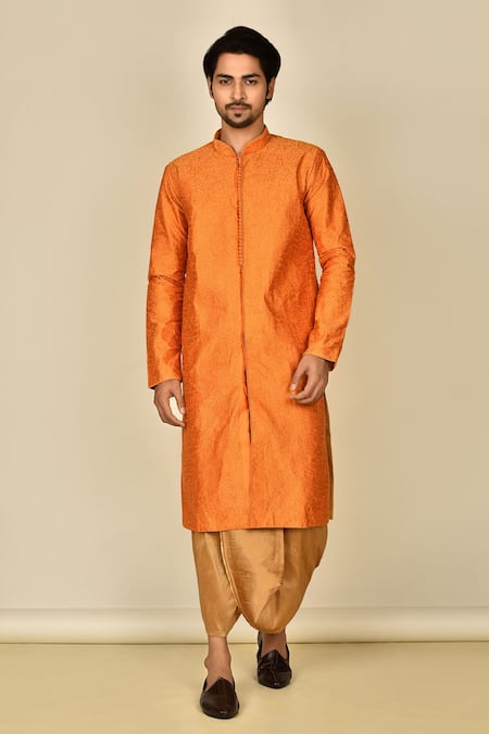 Arihant Rai Sinha Orange Kurta Cotton Silk Embroidery Paisley Sherwani Set