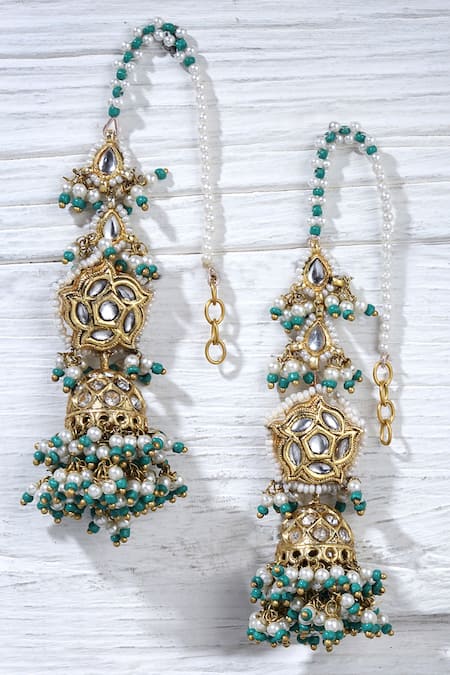 Dugran By Dugristyle_Blue Pearls, Diamonds Kundan Jhumkas With Kanchain _Online_at_Aza_Fashions