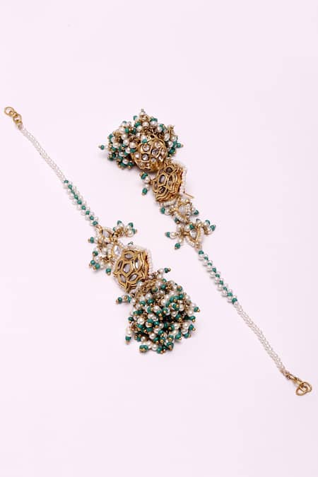 Buy_Dugran By Dugristyle_Blue Pearls, Diamonds Kundan Jhumkas With Kanchain _Online_at_Aza_Fashions
