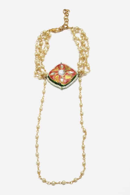 Dugran By Dugristyle Gold Plated Pearls Meenakari Hathphool And Earrings Set Online at Aza Fashions Dugran By Dugristyle_Gold Plated Pearls Meenakari Hathphool And Earrings Set _Online_at_Aza_Fashions