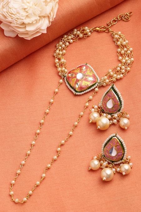 Buy Dugran By Dugristyle Gold Plated Pearls Meenakari Hathphool And Earrings Set Online at Aza Fashions Buy_Dugran By Dugristyle_Gold Plated Pearls Meenakari Hathphool And Earrings Set _Online_at_Aza_Fashions