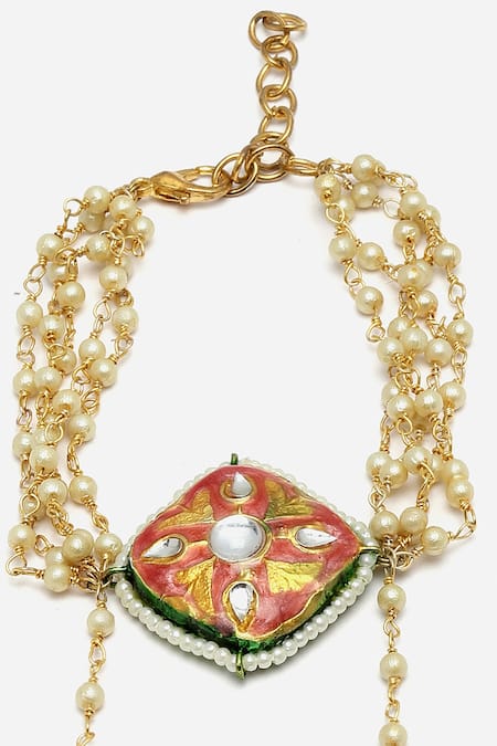 Shop Dugran By Dugristyle Gold Plated Pearls Meenakari Hathphool And Earrings Set Online at Aza Fashions Shop_Dugran By Dugristyle_Gold Plated Pearls Meenakari Hathphool And Earrings Set _Online_at_Aza_Fashions