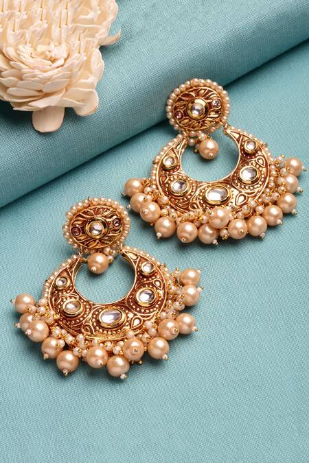 Dugran By Dugristyle_Cream Diamonds, Pearls Kundan Embellished Chandbalis _Online_at_Aza_Fashions