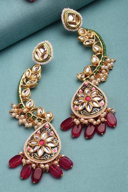 Dugran By Dugristyle_Gold Plated Metallic Thread, Beads, Pearls Kundan Embellished Dangler Earrings _Online_at_Aza_Fashions