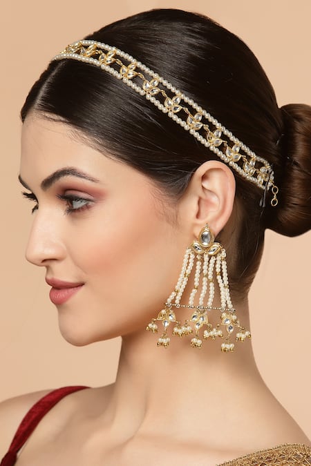 Shop Dugran By Dugristyle Cream Pearls, Stones Kundan Embellished Dangler Earrings at Aza Fashions Shop_Dugran By Dugristyle_Cream Pearls, Stones Kundan Embellished Dangler Earrings _at_Aza_Fashions