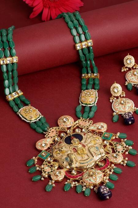 Dugran By Dugristyle Gold Plated Pearls Meenakari Temple Pendant Necklace Set Online at Aza Fashions Dugran By Dugristyle_Gold Plated Pearls Meenakari Temple Pendant Necklace Set_Online_at_Aza_Fashions