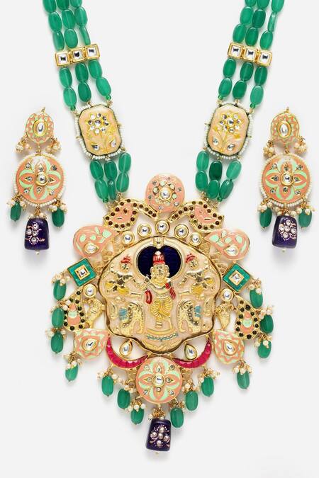 Dugran By Dugristyle Gold Plated Pearls Meenakari Temple Pendant Necklace Set at Aza Fashions Dugran By Dugristyle_Gold Plated Pearls Meenakari Temple Pendant Necklace Set_at_Aza_Fashions