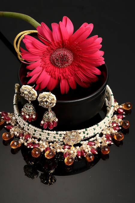 Buy_Dugran By Dugristyle_Gold Plated Pearls, Gota Patti, Stones Multi String Choker Set _Online_at_Aza_Fashions