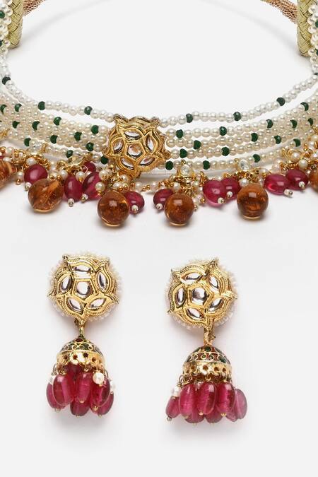 Dugran By Dugristyle_Gold Plated Pearls, Gota Patti, Stones Multi String Choker Set _at_Aza_Fashions