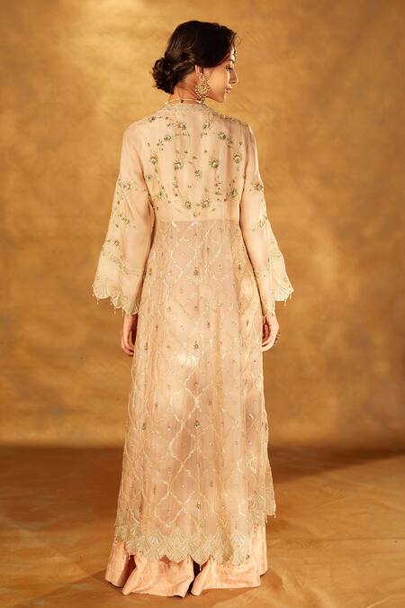 Shop_Bunka_Beige Jacket And Dupatta Organza Embroidered Floral Amina Gharara Set  _at_Aza_Fashions