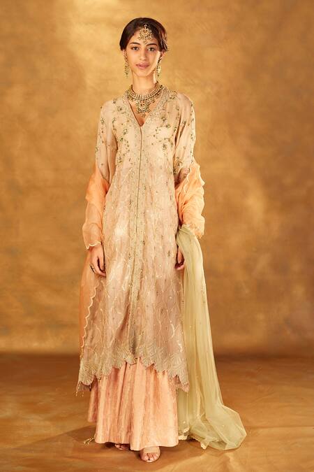 Buy_Bunka_Beige Jacket And Dupatta Organza Embroidered Floral Amina Gharara Set  _Online_at_Aza_Fashions