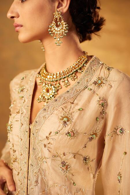 Bunka_Beige Jacket And Dupatta Organza Embroidered Floral Amina Gharara Set  _at_Aza_Fashions