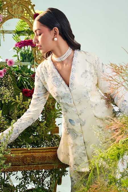 Mani Bhatia Ivory Chiffon Print And Embroidery Cutdana V Eliana Peplum Top & Flared Pant Set Online at Aza Fashions Mani Bhatia_Ivory Chiffon Print And Embroidery Cutdana V Eliana Peplum Top & Flared Pant Set _Online_at_Aza_Fashions