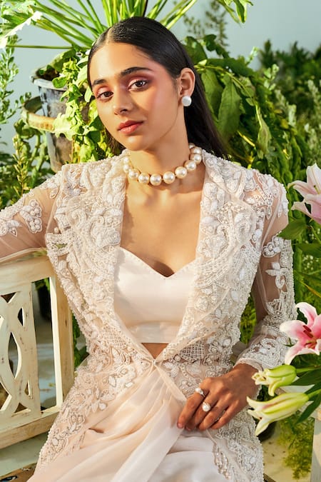 Mani Bhatia_Beige Net Liningsatin, Pure Satin Pearls, Olivia Embroidered And Skirt Set _Online_at_Aza_Fashions