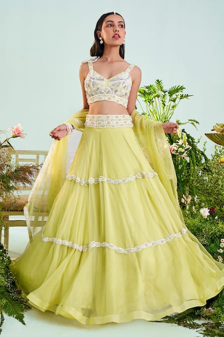 Mani Bhatia Yellow Organza Liningsatin Embroidery Sequins V Sophia Tiered Lehenga Set 