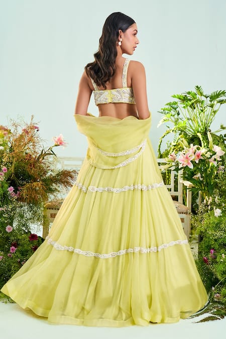 Shop_Mani Bhatia_Yellow Organza Liningsatin Pearls, Sophia Tiered Embroidered Lehenga Set _at_Aza_Fashions