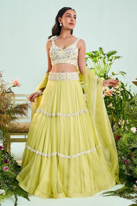 Mani Bhatia_Yellow Organza Liningsatin Pearls, Sophia Tiered Embroidered Lehenga Set _Online_at_Aza_Fashions