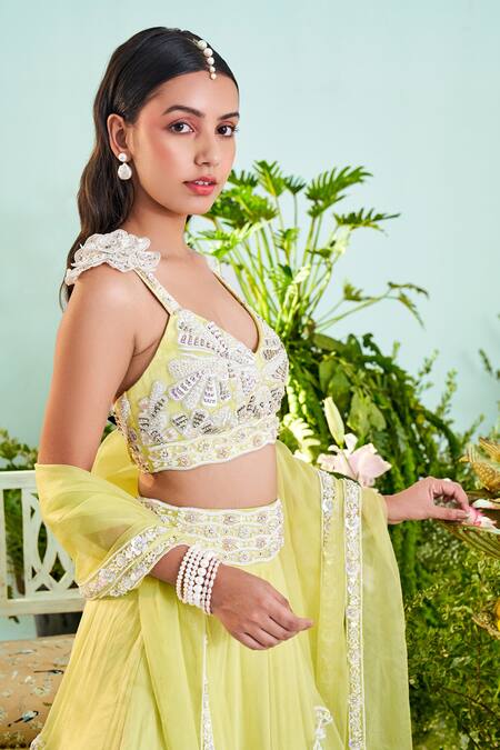 Buy_Mani Bhatia_Yellow Organza Liningsatin Pearls, Sophia Tiered Embroidered Lehenga Set _Online_at_Aza_Fashions