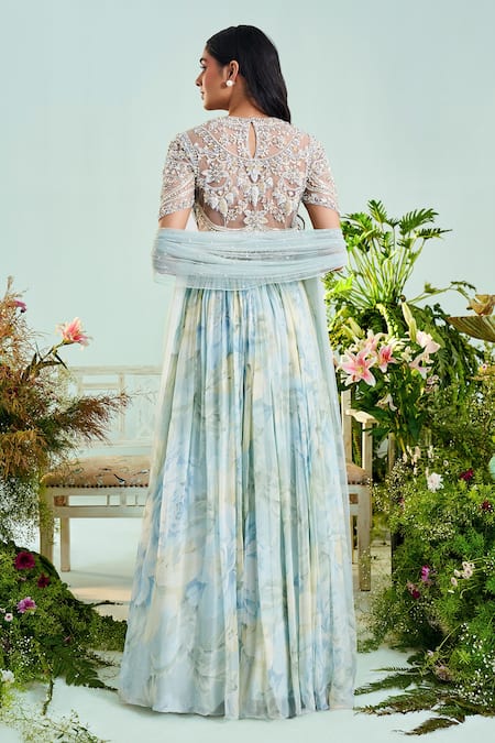 Shop Mani Bhatia Blue Chiffon Embroidery Pearls Jewel Neck Emma Anarkali With Dupatta at Aza Fashions Shop_Mani Bhatia_Blue Chiffon Embroidery Pearls Jewel Neck Emma Anarkali With Dupatta _at_Aza_Fashions