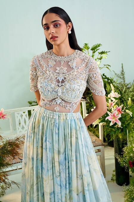 Mani Bhatia Blue Chiffon Embroidery Pearls Jewel Neck Emma Anarkali With Dupatta Online at Aza Fashions Mani Bhatia_Blue Chiffon Embroidery Pearls Jewel Neck Emma Anarkali With Dupatta _Online_at_Aza_Fashions