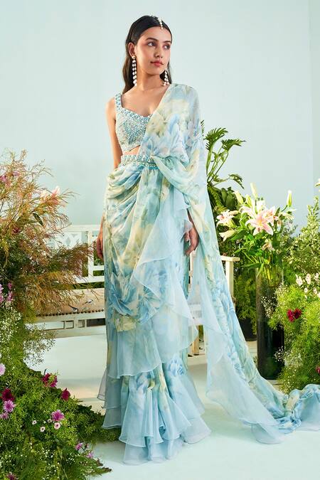 Mani Bhatia Blue Chiffon Embroidery Cutdana V Neck Aria Floral Print Ruffle Saree Set Online at Aza Fashions Mani Bhatia_Blue Chiffon Embroidery Cutdana V Neck Aria Floral Print Ruffle Saree Set _Online_at_Aza_Fashions