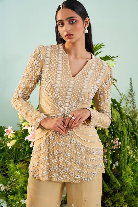 Mani Bhatia_Beige Chiffon Lining Satin Embroidery Ella Peplum Top And Flared Pant Set _Online_at_Aza_Fashions