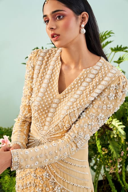 Buy_Mani Bhatia_Beige Chiffon Lining Satin Embroidery Ella Peplum Top And Flared Pant Set _Online_at_Aza_Fashions