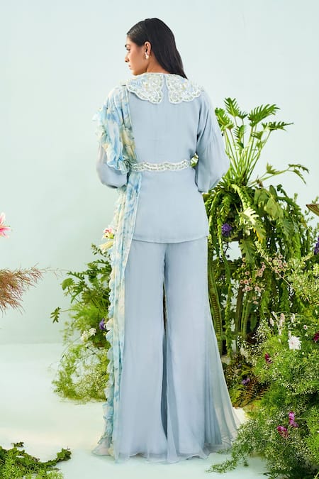 Shop_Mani Bhatia_Blue Crepe, Chiffon Liningshantoon Avery Gharara Set With Ruffle Dupatta _at_Aza_Fashions